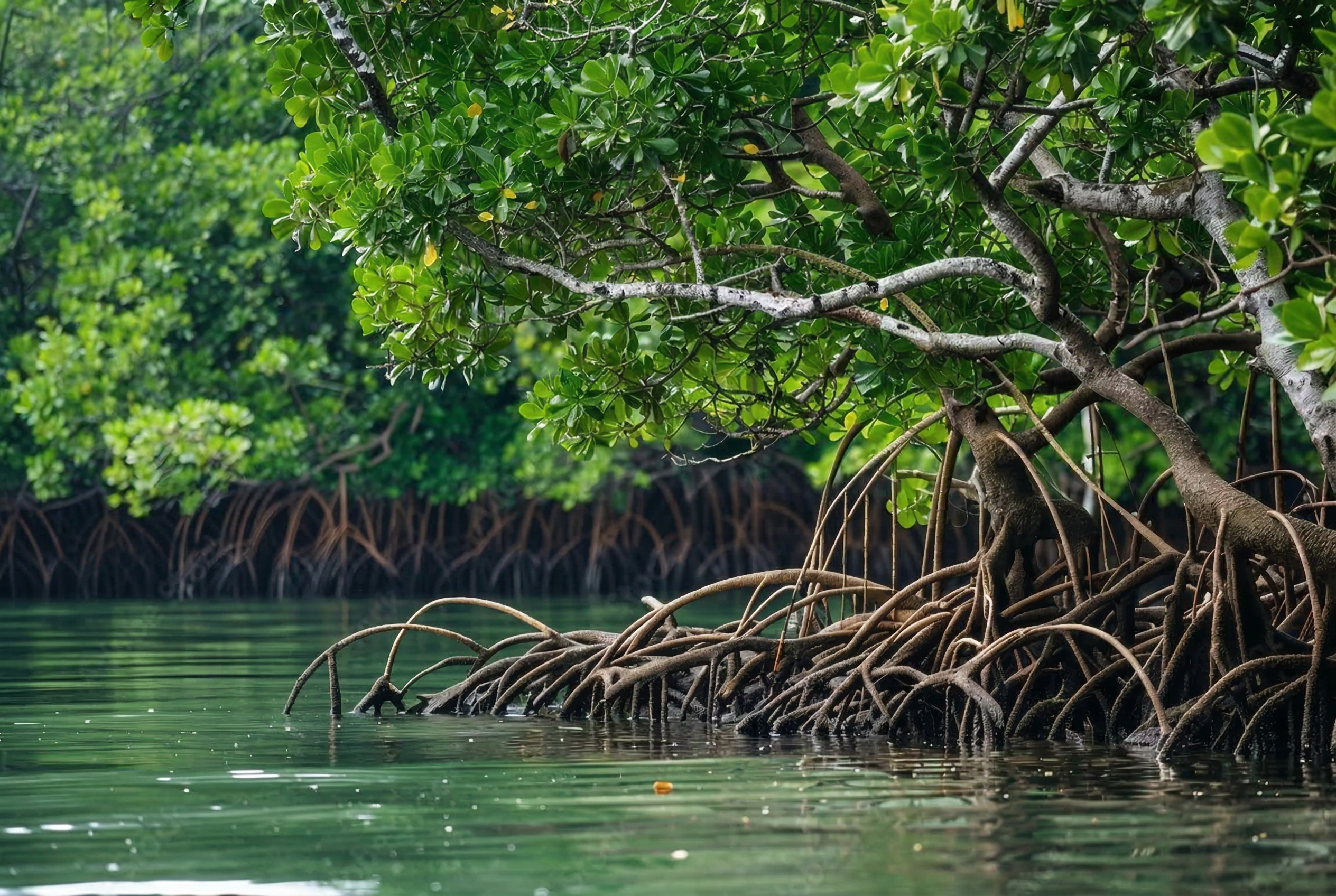 Aerial view of lush mangrove forest with roots in turquoise water